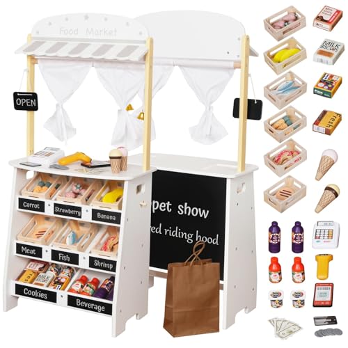 HYGRAD® Kids Grocery Store Playset,Pretend Play Store Toy & Wooden Supermarket Shopping Cart with Toy Cash Register, Play Money & Blackboard;26PCS Food Toys Shop for 3+ year