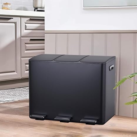 HYGRAD 3 Compartment Recycling Bin 45L Dual Compartments Kitchen Pedal Dust Bin Waste Bin Separation System (3x15L Compartments) (Silver)