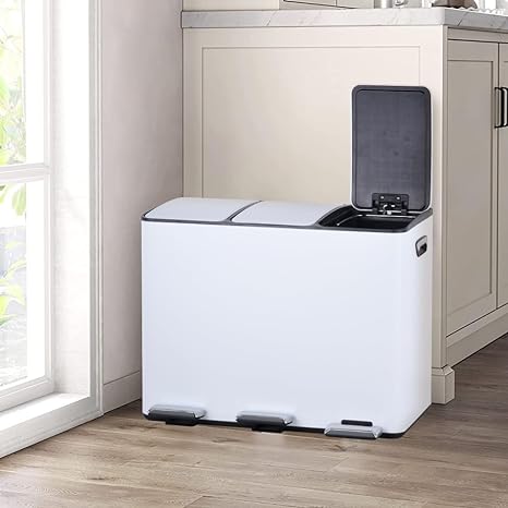 HYGRAD 3 Compartment Recycling Bin 45L Dual Compartments Kitchen Pedal Dust Bin Waste Bin Separation System (3x15L Compartments) (Silver)