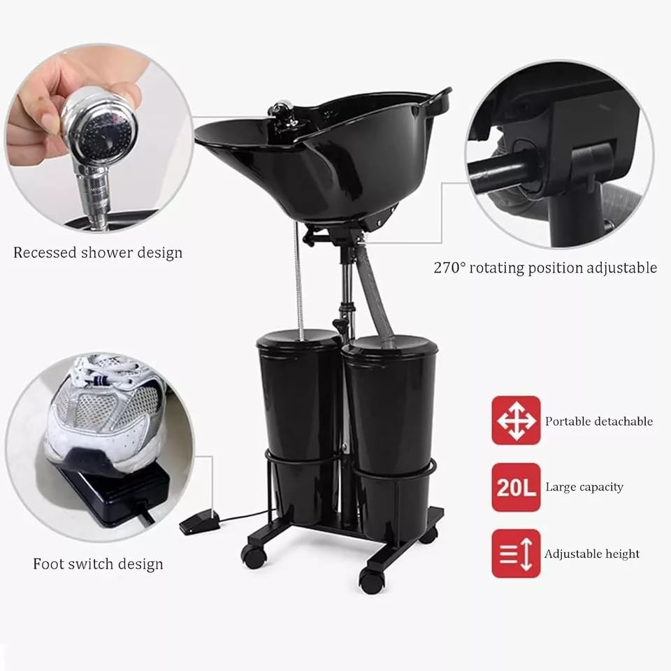 HYGRAD® Portable Sink with 2 Tanks Bucket 10L for Water Storage and Drainage, 46x46x105 Adjustable Height, High-Pressure Sprayer, Foot Pedal Switch- Hair Wash Basin Perfect for Salon and Home Use