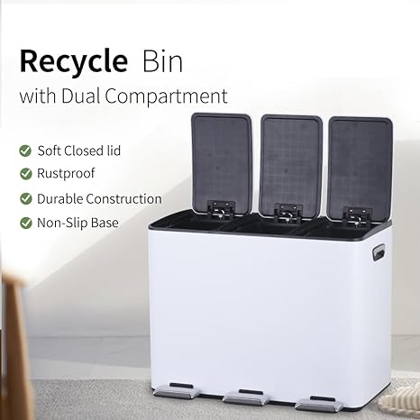HYGRAD 3 Compartment Recycling Bin 45L Dual Compartments Kitchen Pedal Dust Bin Waste Bin Separation System (3x15L Compartments) (Silver)