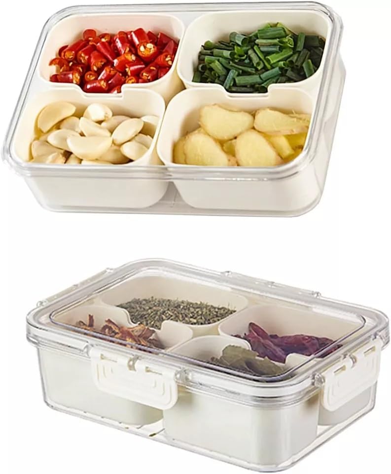 Snack Box With 4 Compartments - Portable Snackle for Fruit, Veges, Candy, Nuts - Perfect Masala Dabba for Seasoning, Spice and Herb - Ideal for Party and Picnic (4 Section)