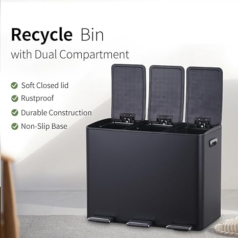 HYGRAD 3 Compartment Recycling Bin 45L Dual Compartments Kitchen Pedal Dust Bin Waste Bin Separation System (3x15L Compartments) (Silver)