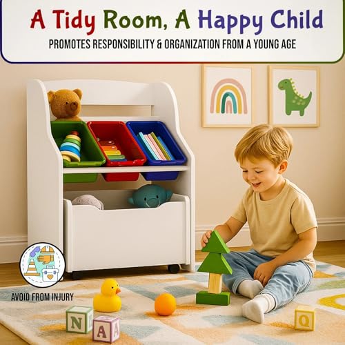 HYGRAD® Wooden Kids Toy Storage Organizer, 3 Plastic Bins, Extra Rolling Toy Box Chest & Storage Shelf, Toddler Furniture Storage Unit with Wheels for Child's Bedroom Playroom (White)