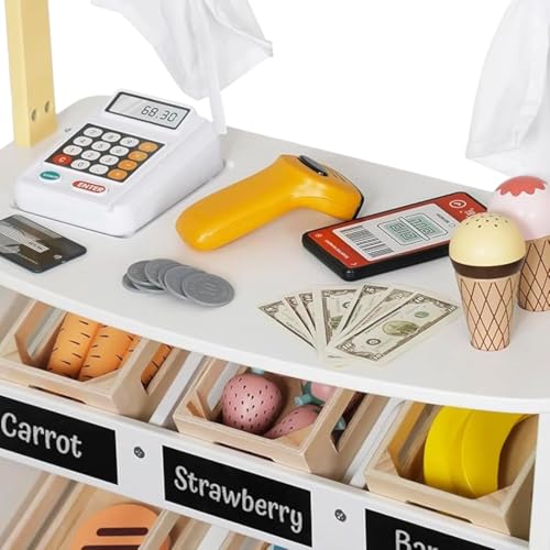 HYGRAD® Kids Grocery Store Playset,Pretend Play Store Toy & Wooden Supermarket Shopping Cart with Toy Cash Register, Play Money & Blackboard;26PCS Food Toys Shop for 3+ year