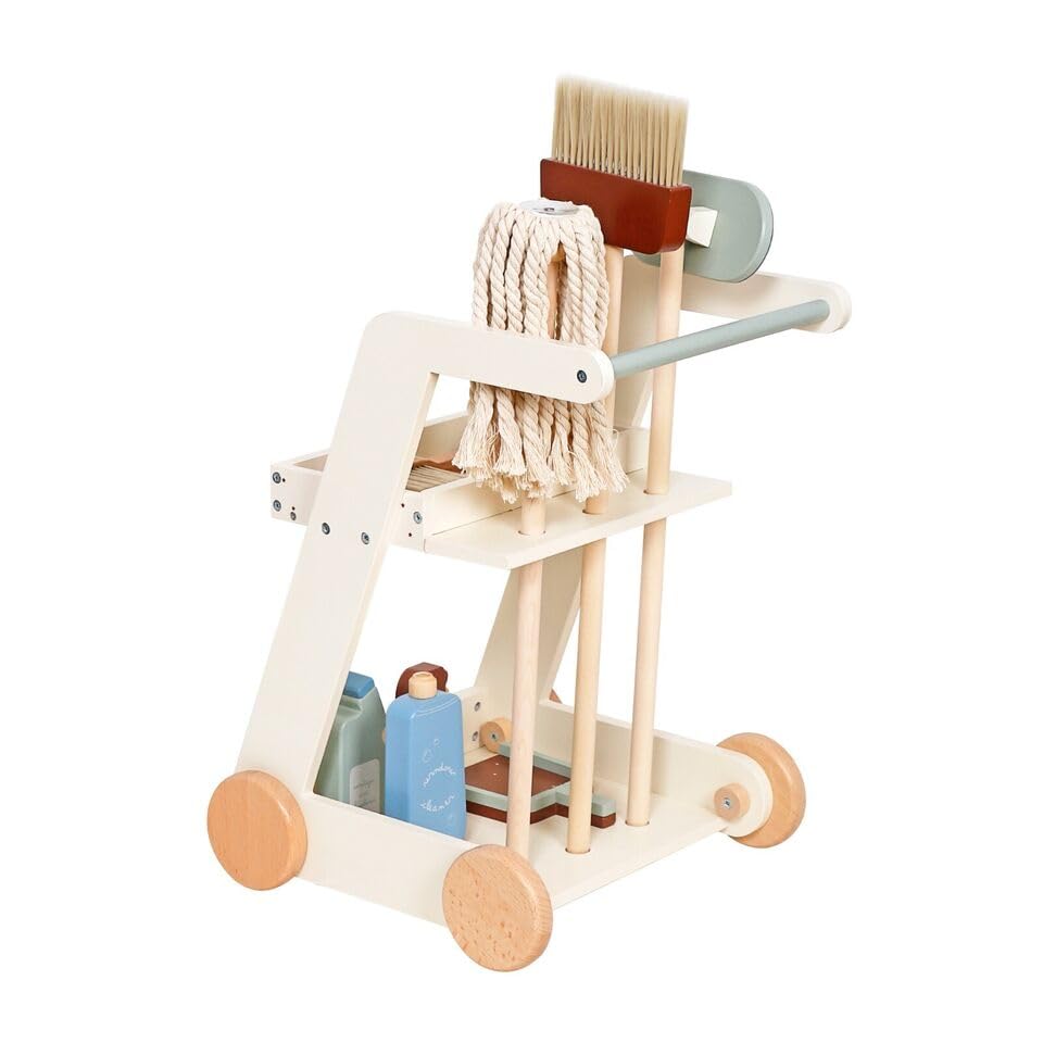 HYGRAD Kids Wooden Cleaning Set Toy Cart Kids Role Play Janitor Cleaning Set Household Pretend Play Childrens Toy Gift Ages 3+