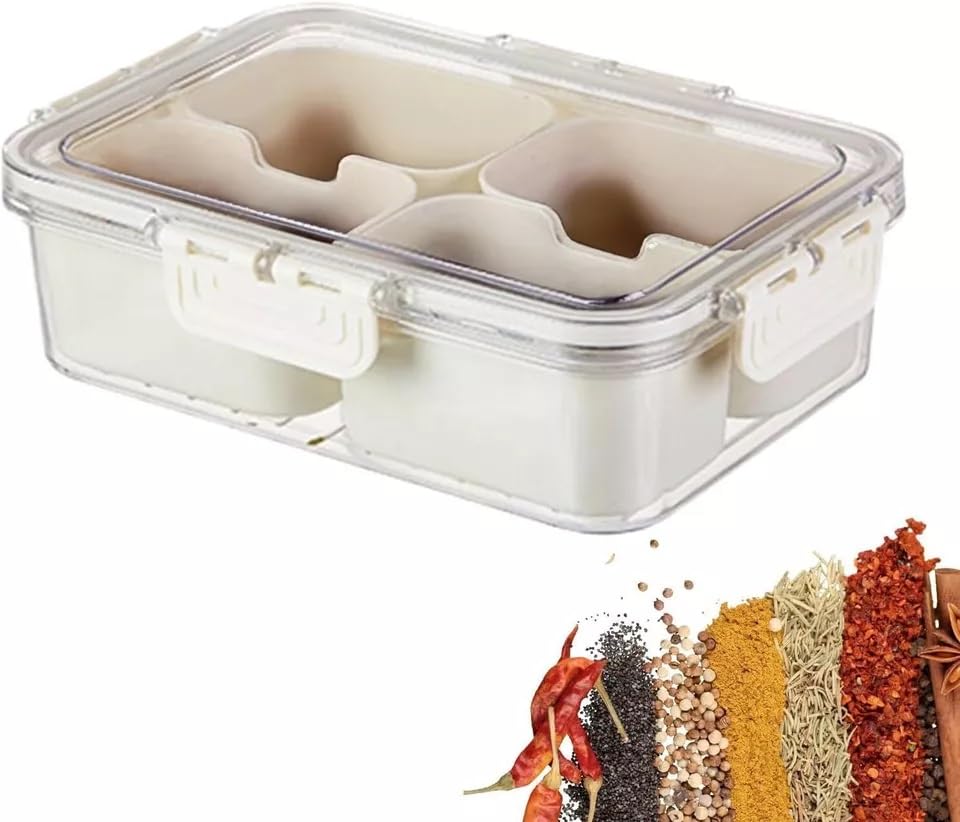 Snack Box With 4 Compartments - Portable Snackle for Fruit, Veges, Candy, Nuts - Perfect Masala Dabba for Seasoning, Spice and Herb - Ideal for Party and Picnic (4 Section)