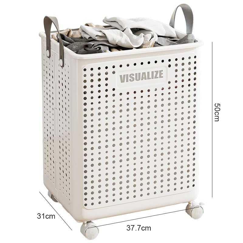 HYGRAD® Foldable Laundry Basket 42L Large Heavy Duty Laundry Hamper On Wheels Fold Away Space Saving Laundry Storage Bin Hamper For Clothes (White)
