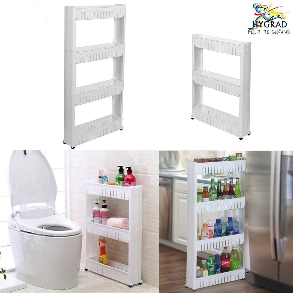 Slim Kitchen Trolley with Wheels – 3 or 4 Tier Slide-In Storage Cart for Bathroom or Pantry – Space Saving Organizer in White, Grey or Black