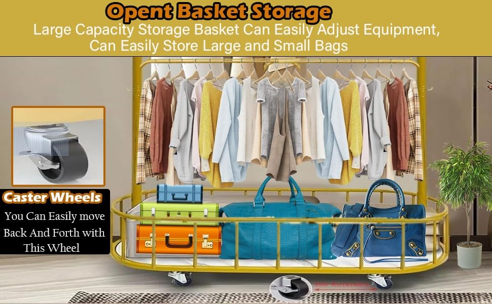 Heavy Duty Gold Metal Clothes Rail with Wheels - 80 x 32 x 171 cm Clothes Racks – Clothing Rail with Hollow Storage Shelf for Home Bedroom Balcony
