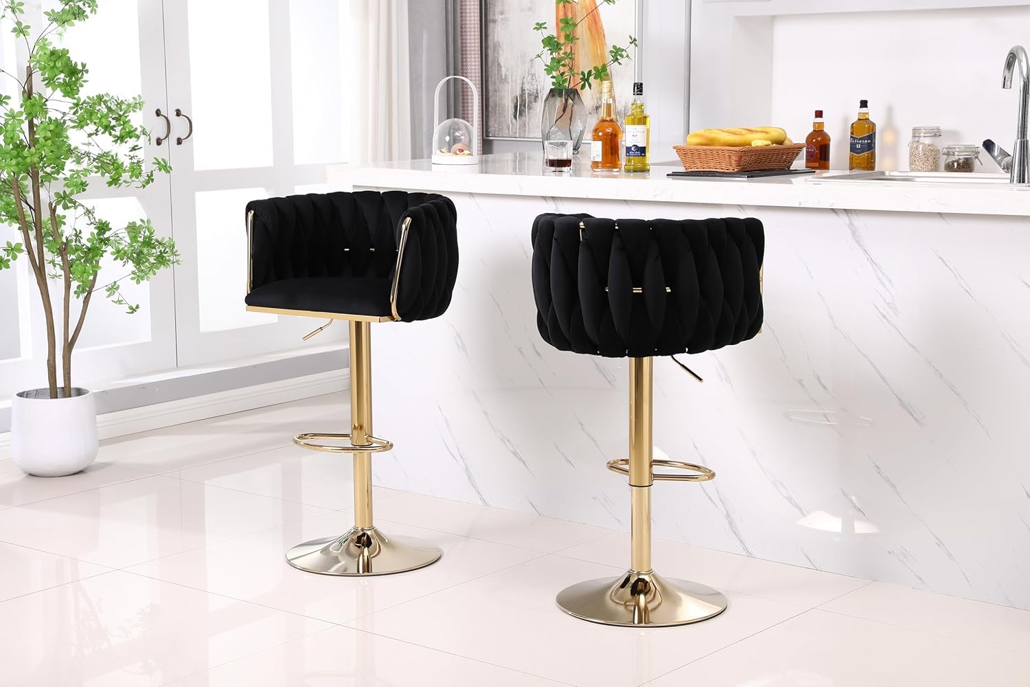 Modern 2-in-1 Bar Stool - 360° Swivel, Gold Base, Velvet, Kitchen Island Bar Chairs