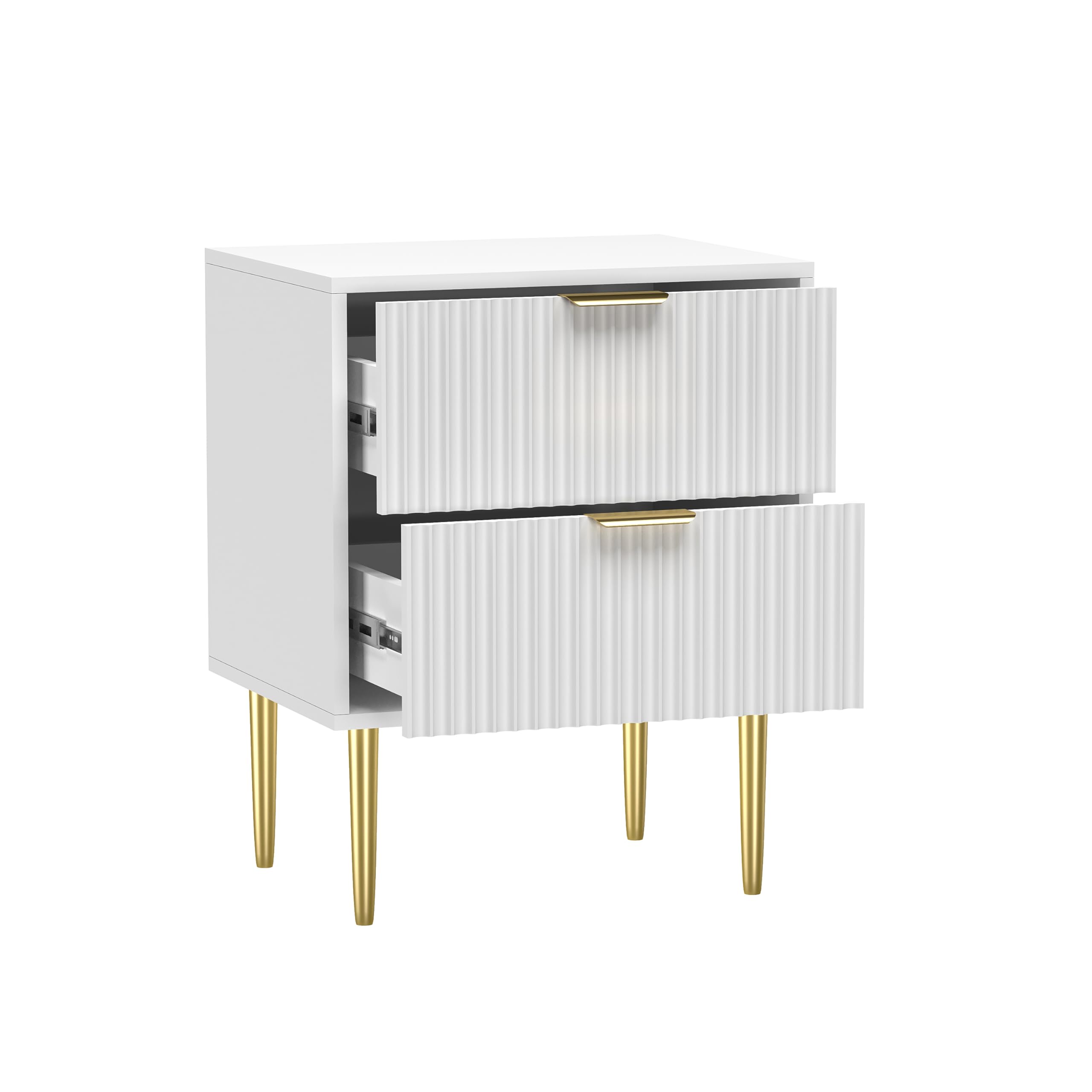 HYGRAD® Luxury Bedside Table White With 2 Drawers Bedroom Nightstand Side Table Chest Gold Handles & Gold Legs Solid Wood Bedroom Storage Side Table