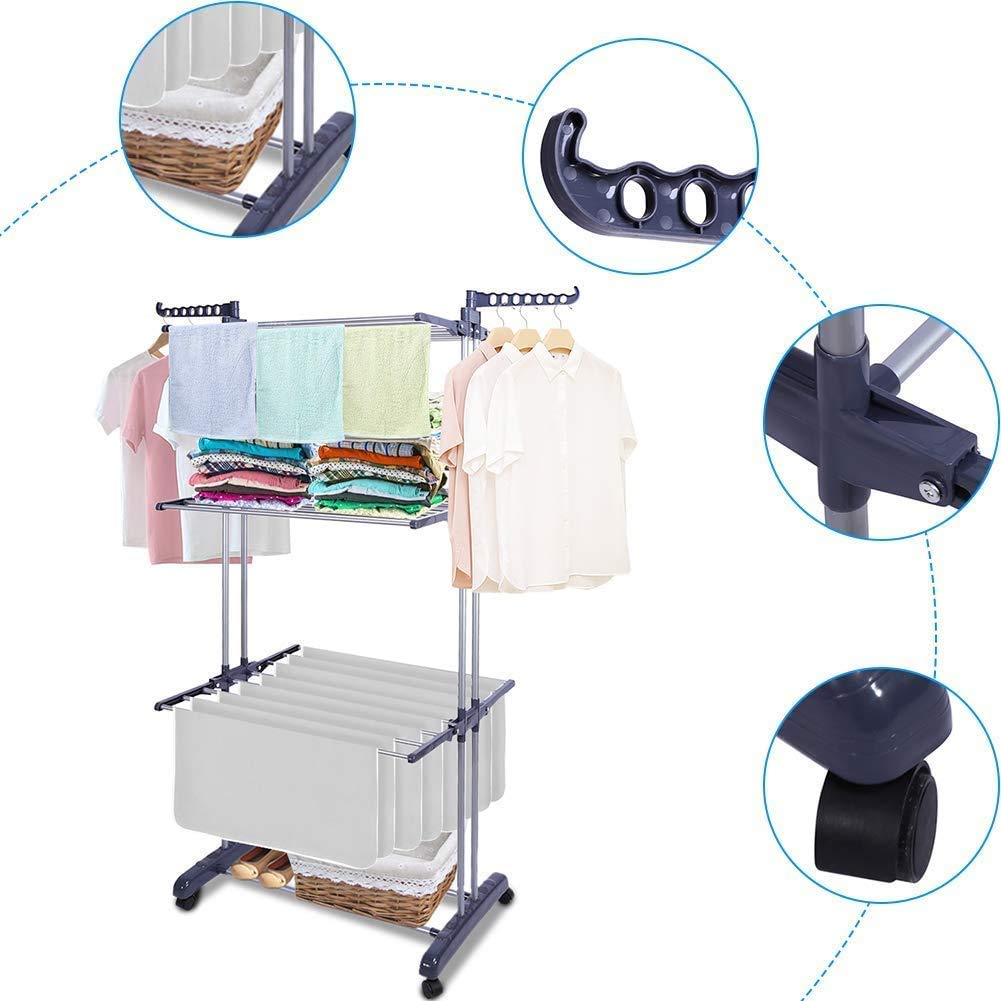 HYGRAD® Clothes Drying Rack 3 Tier Clothes Dryer Stand Foldable Laundry Clothes Rack Organiser UK (Grey)