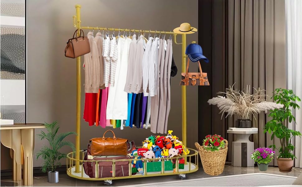 Heavy Duty Gold Metal Clothes Rail with Wheels - 80 x 32 x 171 cm Clothes Racks – Clothing Rail with Hollow Storage Shelf for Home Bedroom Balcony