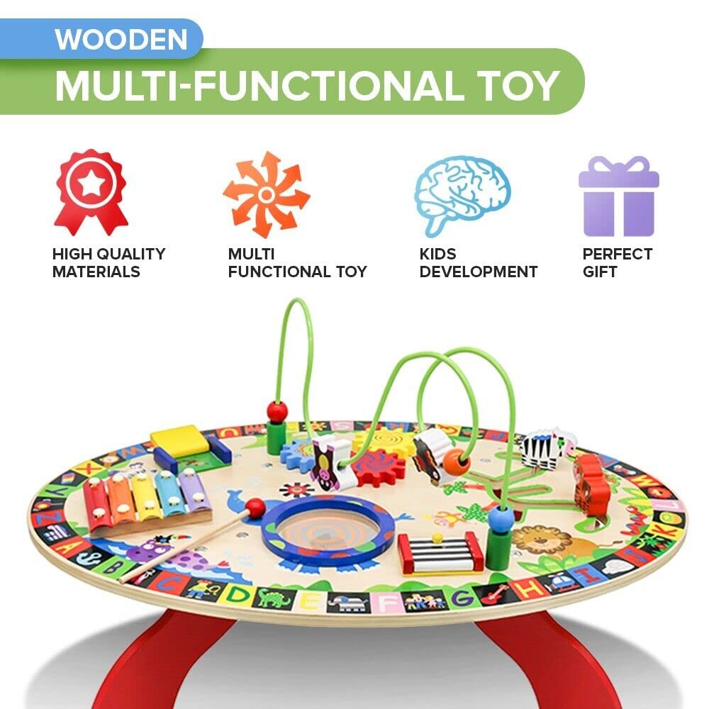 Kid's 7 in 1 Wooden Activity Table Multi Functional Kids Activity Toy Table With Bead Maze, Xylophone, Kids Educational Activity Table
