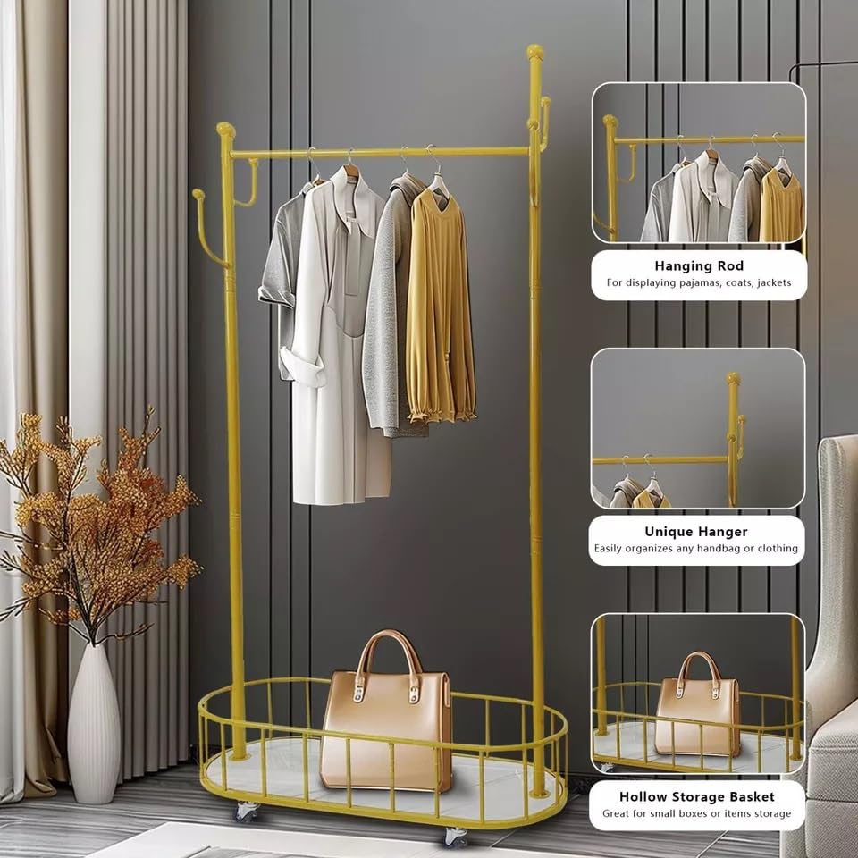 Heavy Duty Gold Metal Clothes Rail with Wheels - 80 x 32 x 171 cm Clothes Racks – Clothing Rail with Hollow Storage Shelf for Home Bedroom Balcony