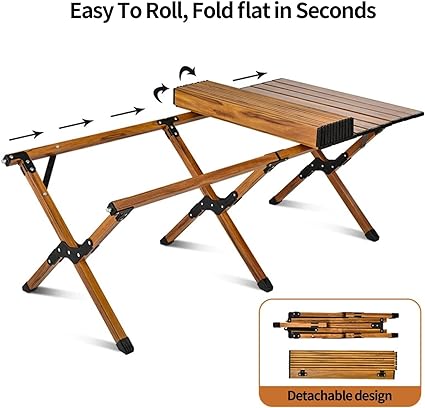 Wooden Effect Egg Roll Picnic Table Portable BBQ Table Foldable Wooden Effect Carry Picnic Table Garden Table Outdoor Foldable Table (60cm or 120cm)