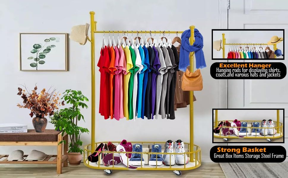 Heavy Duty Gold Metal Clothes Rail with Wheels - 80 x 32 x 171 cm Clothes Racks – Clothing Rail with Hollow Storage Shelf for Home Bedroom Balcony