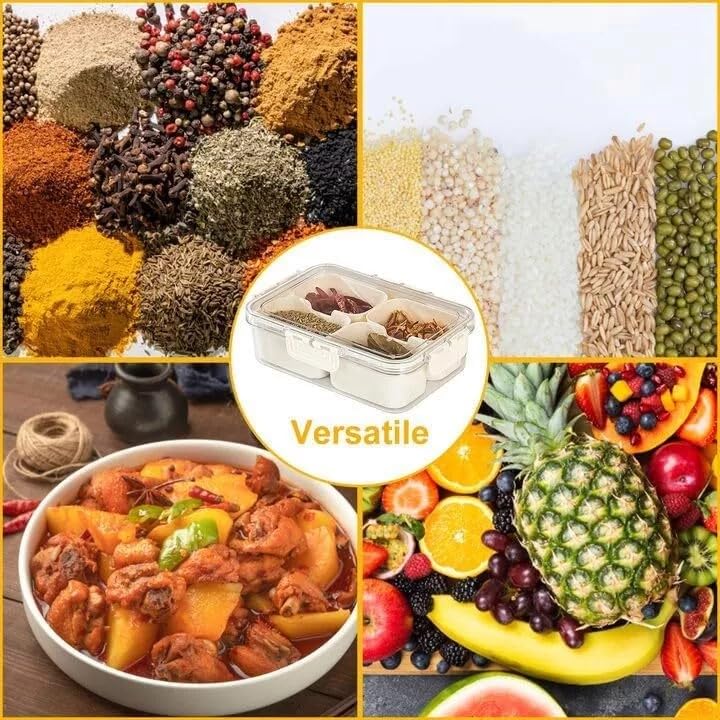Snack Box With 4 Compartments - Portable Snackle for Fruit, Veges, Candy, Nuts - Perfect Masala Dabba for Seasoning, Spice and Herb - Ideal for Party and Picnic (4 Section)