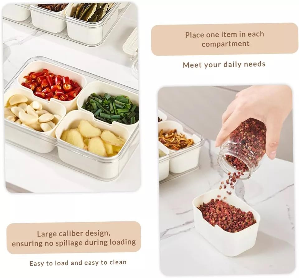 Snack Box With 4 Compartments - Portable Snackle for Fruit, Veges, Candy, Nuts - Perfect Masala Dabba for Seasoning, Spice and Herb - Ideal for Party and Picnic (4 Section)