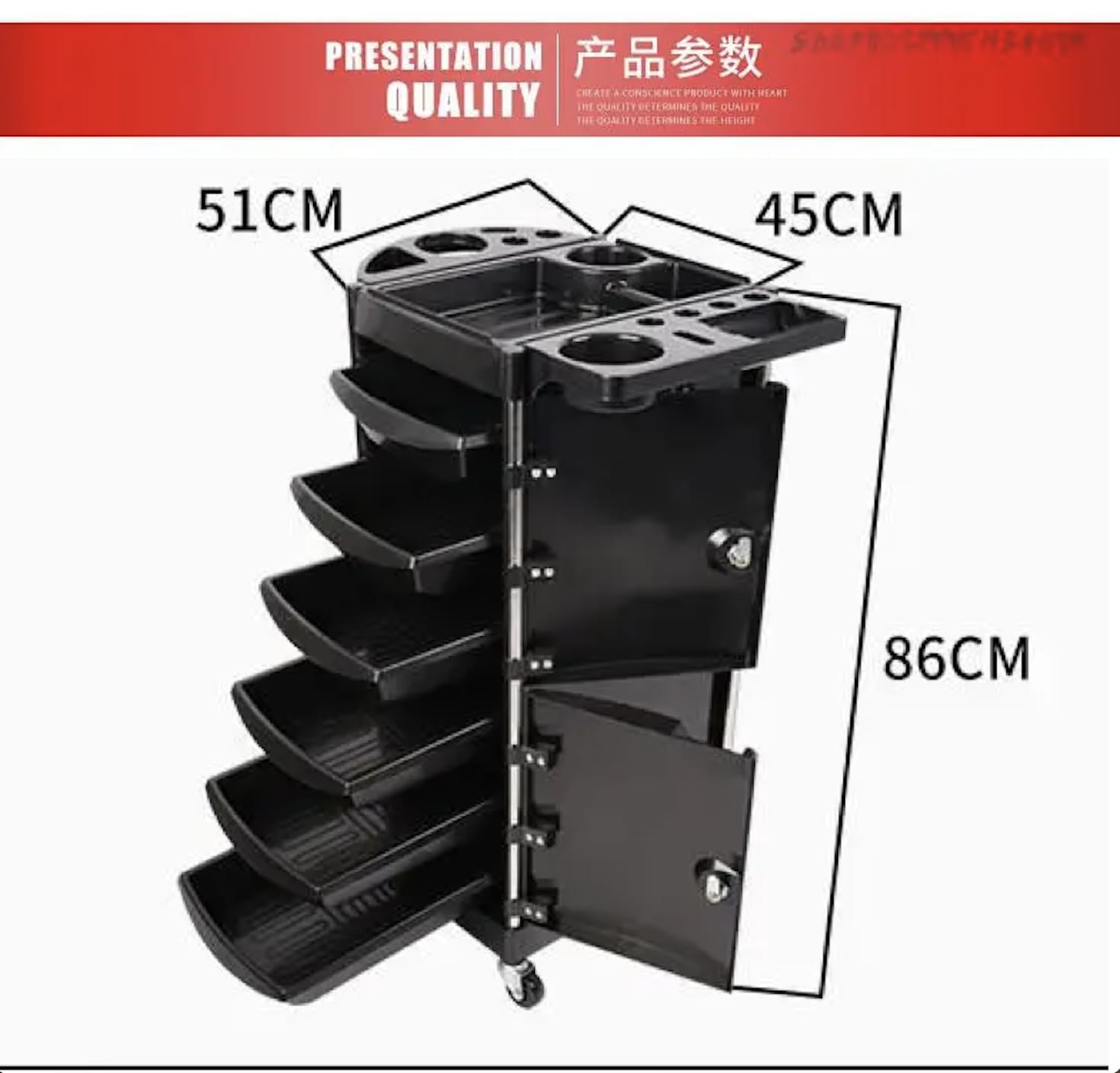 HYGRAD®Versatile Beauty Trolley for Hairstylists and Beauticians-Upper and Lower Lockable Doors with 6 Detachable Drawers- Hairdressing Trolley on Wheels for Easy Movement