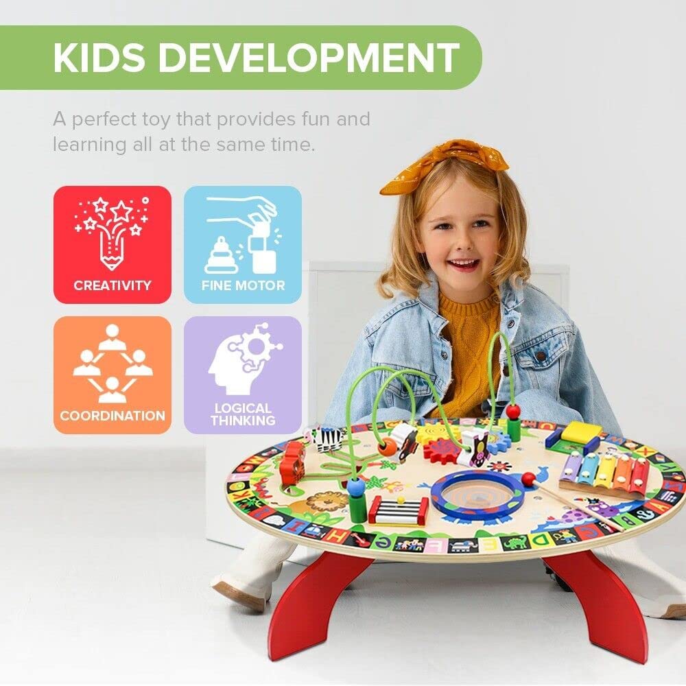 Kid's 7 in 1 Wooden Activity Table Multi Functional Kids Activity Toy Table With Bead Maze, Xylophone, Kids Educational Activity Table