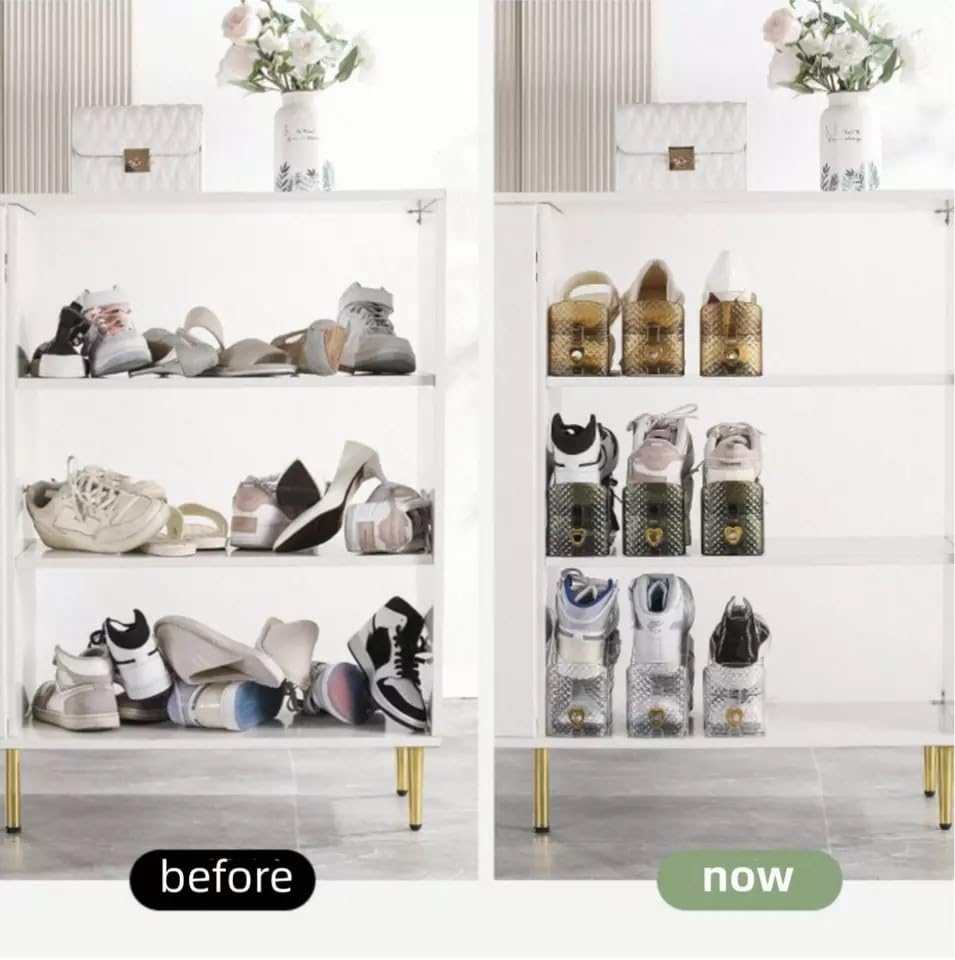 Pack of 12 Pcs Acrylic Shoe Slot Organiser Storage with Size 25.4x9.5x7cm- Adjustable 3-Level Height - Non-Slip Space Saver Shoe Storage Organiser- Shoe Stacker for All Shoe Styles