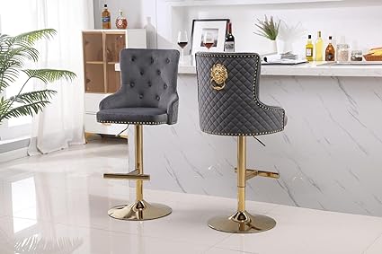 Luxury Velvet Bar Stools With Lion Knocker Back Rest Padded Breakfast Bar Stools Set of 2 or Single Kitchen Island Bar Stools Height Adjustable And Swivel (Set of 2))