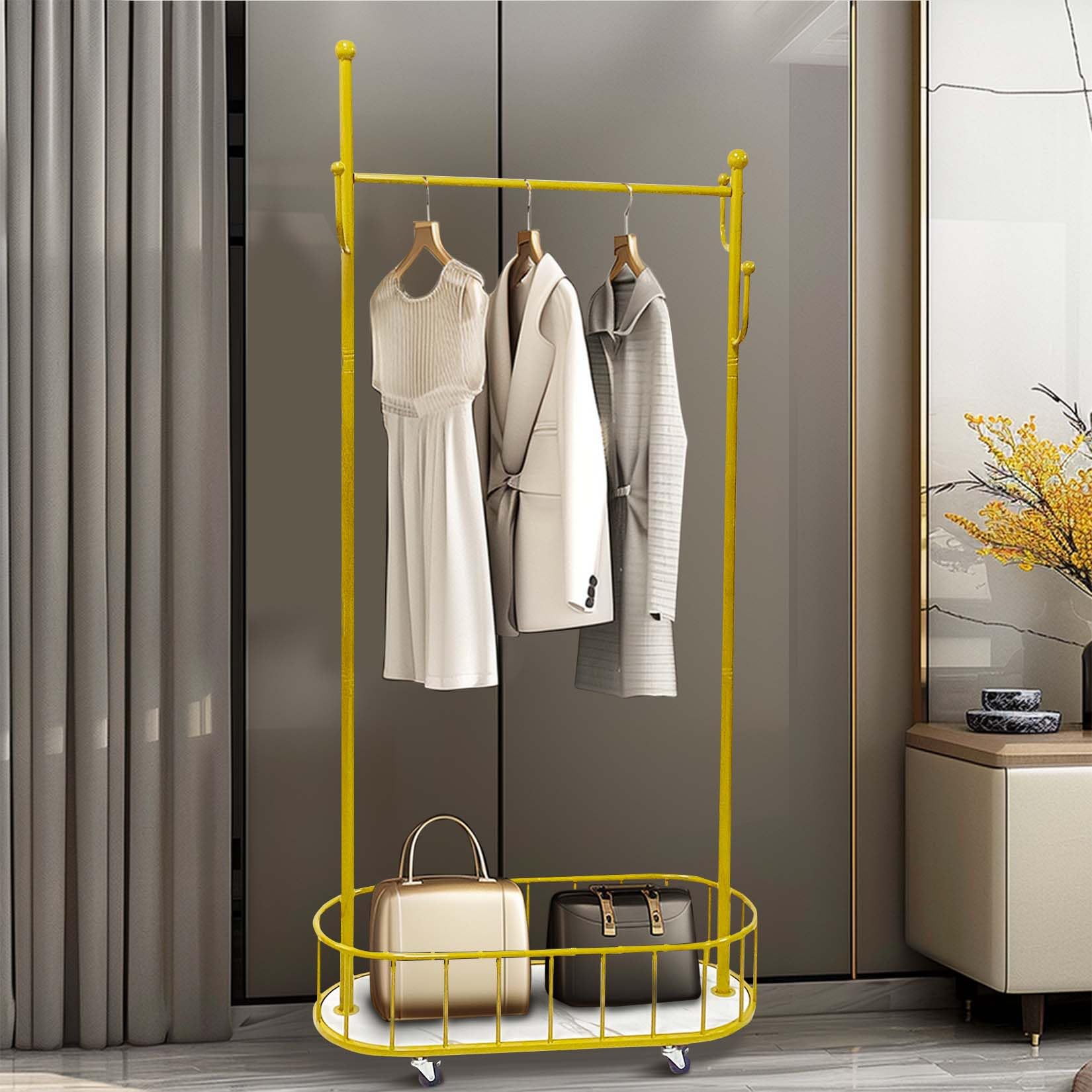 Heavy Duty Gold Metal Clothes Rail with Wheels - 80 x 32 x 171 cm Clothes Racks – Clothing Rail with Hollow Storage Shelf for Home Bedroom Balcony