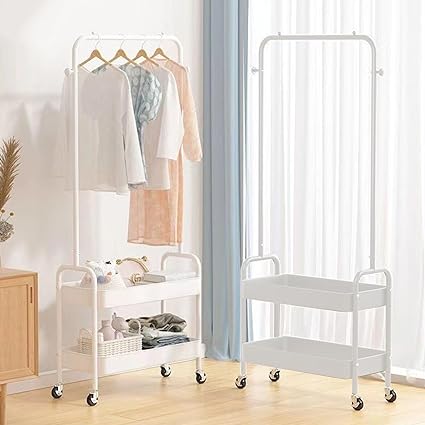HYGRAD Metal Clothes Rack On Wheels Portable Clothes Rail For Hanging Clothes With Shoe Storage Shelfs Portable Clothes Rack Caddy For Bedroom Wardrobe