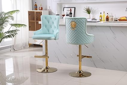 Luxury Velvet Bar Stools With Lion Knocker Back Rest Padded Breakfast Bar Stools Set of 2 or Single Kitchen Island Bar Stools Height Adjustable And Swivel (Set of 2))