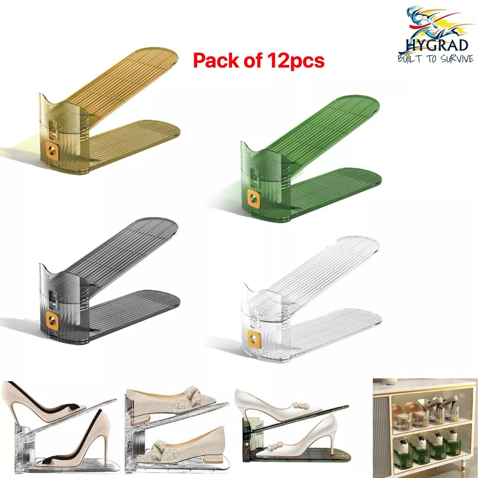 Pack of 12 Pcs Acrylic Shoe Slot Organiser Storage with Size 25.4x9.5x7cm- Adjustable 3-Level Height - Non-Slip Space Saver Shoe Storage Organiser- Shoe Stacker for All Shoe Styles