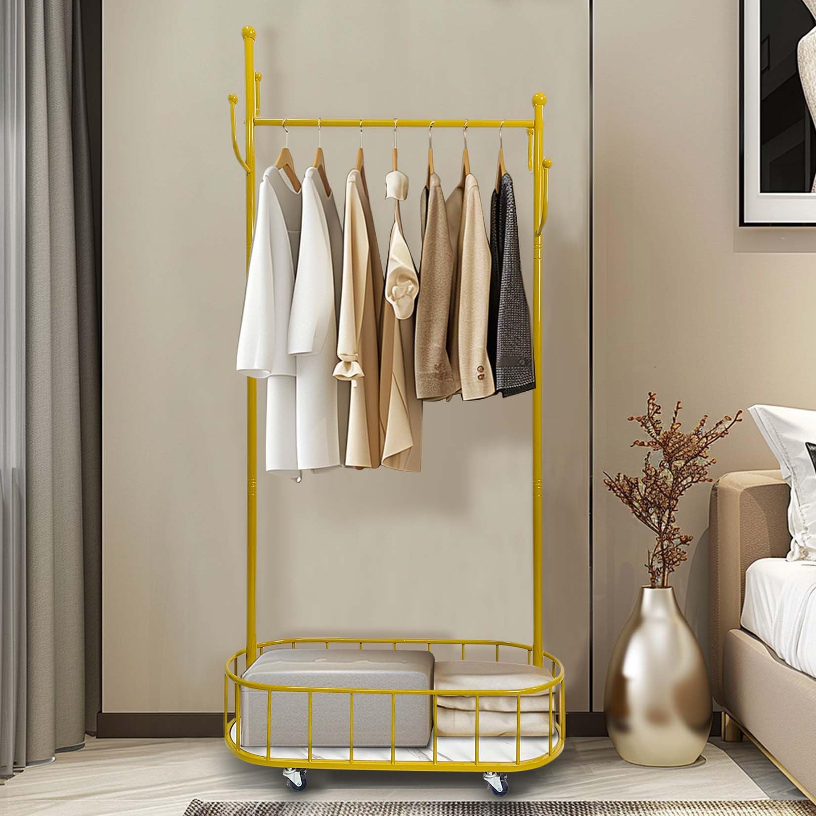 Heavy Duty Gold Metal Clothes Rail with Wheels - 80 x 32 x 171 cm Clothes Racks – Clothing Rail with Hollow Storage Shelf for Home Bedroom Balcony