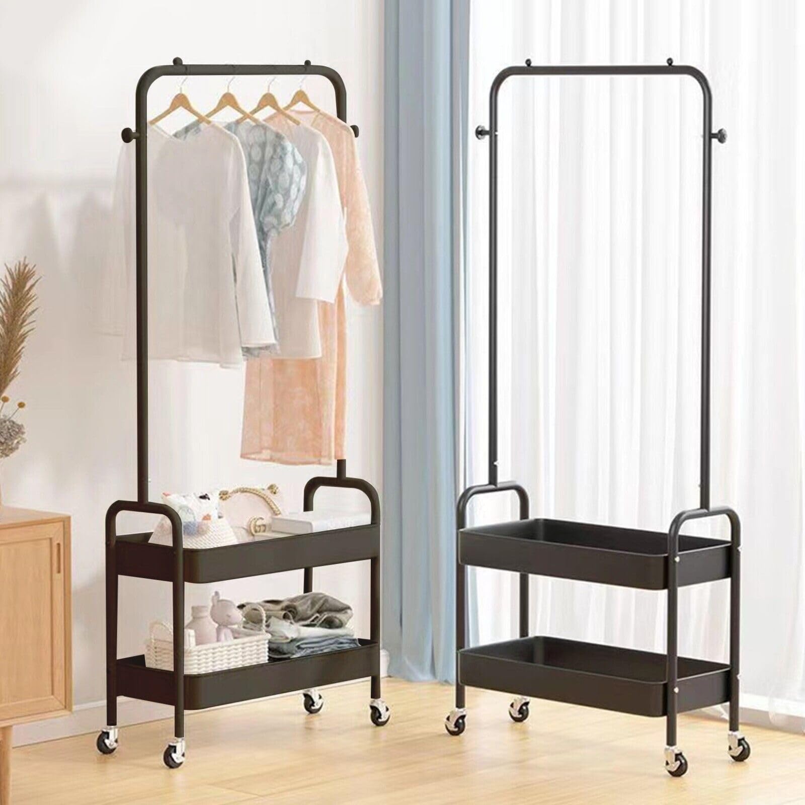 HYGRAD Metal Clothes Rack On Wheels Portable Clothes Rail For Hanging Clothes With Shoe Storage Shelfs Portable Clothes Rack Caddy For Bedroom Wardrobe