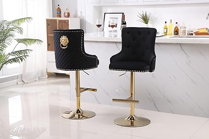 Luxury Velvet Bar Stools With Lion Knocker Back Rest Padded Breakfast Bar Stools Set of 2 or Single Kitchen Island Bar Stools Height Adjustable And Swivel (Set of 2))