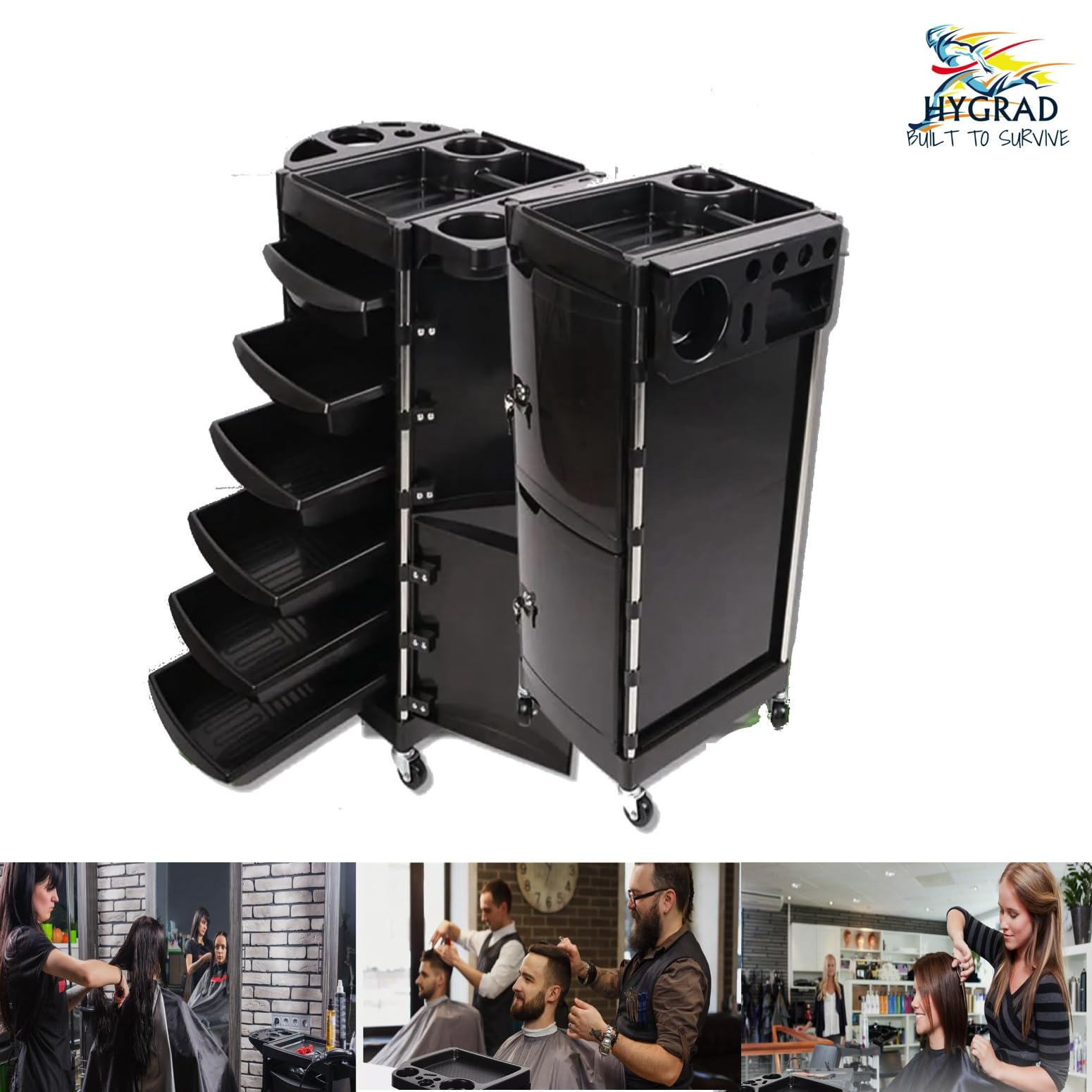 HYGRAD®Versatile Beauty Trolley for Hairstylists and Beauticians-Upper and Lower Lockable Doors with 6 Detachable Drawers- Hairdressing Trolley on Wheels for Easy Movement