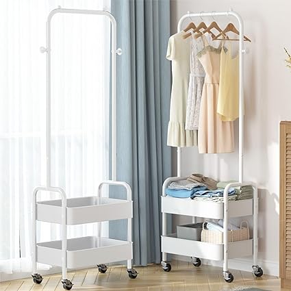 HYGRAD Metal Clothes Rack On Wheels Portable Clothes Rail For Hanging Clothes With Shoe Storage Shelfs Portable Clothes Rack Caddy For Bedroom Wardrobe