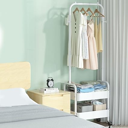 HYGRAD Metal Clothes Rack On Wheels Portable Clothes Rail For Hanging Clothes With Shoe Storage Shelfs Portable Clothes Rack Caddy For Bedroom Wardrobe