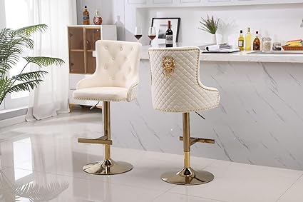 Luxury Velvet Bar Stools With Lion Knocker Back Rest Padded Breakfast Bar Stools Set of 2 or Single Kitchen Island Bar Stools Height Adjustable And Swivel (Set of 2))