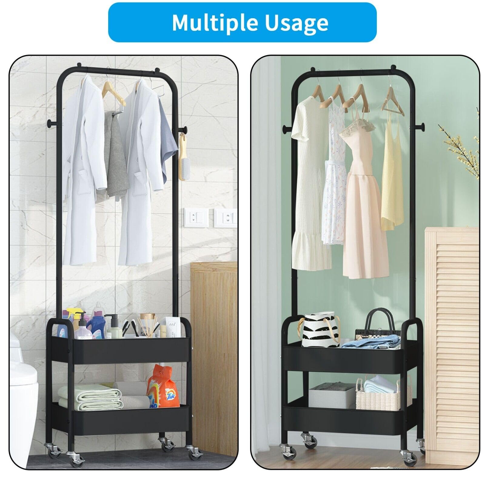 HYGRAD Metal Clothes Rack On Wheels Portable Clothes Rail For Hanging Clothes With Shoe Storage Shelfs Portable Clothes Rack Caddy For Bedroom Wardrobe