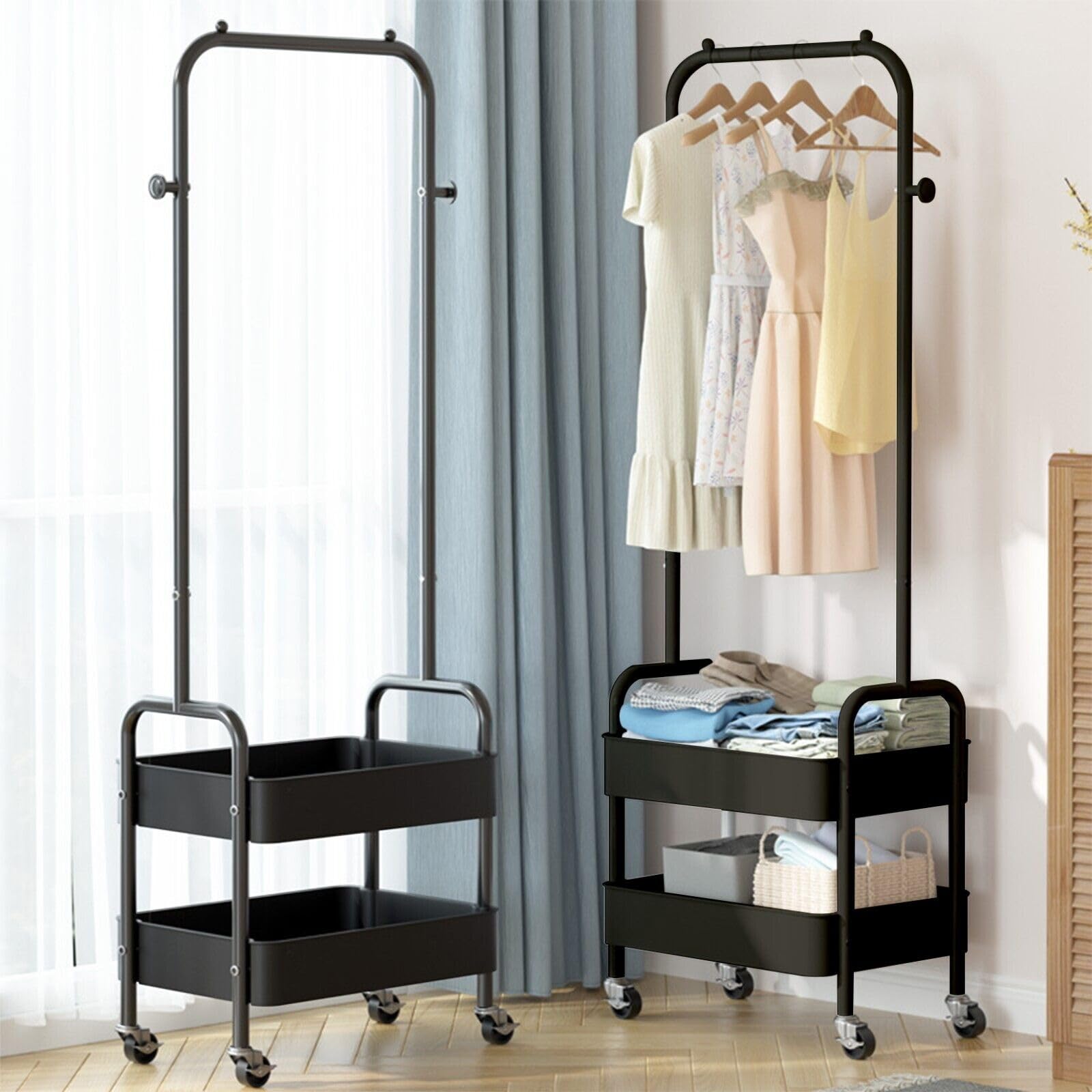 HYGRAD Metal Clothes Rack On Wheels Portable Clothes Rail For Hanging Clothes With Shoe Storage Shelfs Portable Clothes Rack Caddy For Bedroom Wardrobe