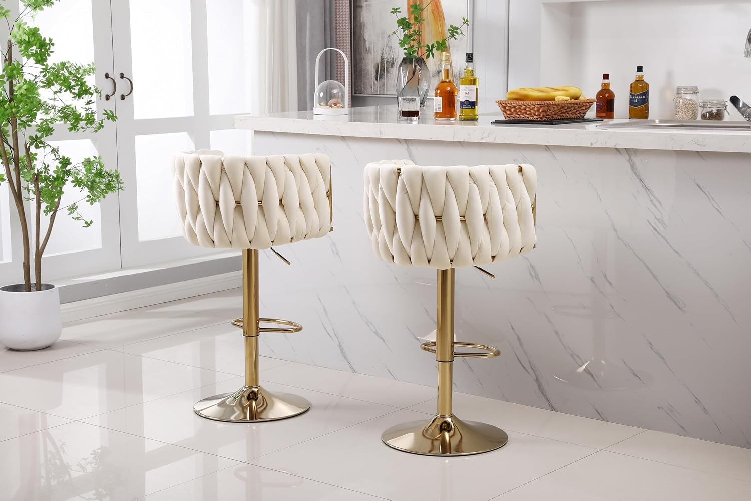 Modern 2-in-1 Bar Stool - 360° Swivel, Gold Base, Velvet, Kitchen Island Bar Chairs