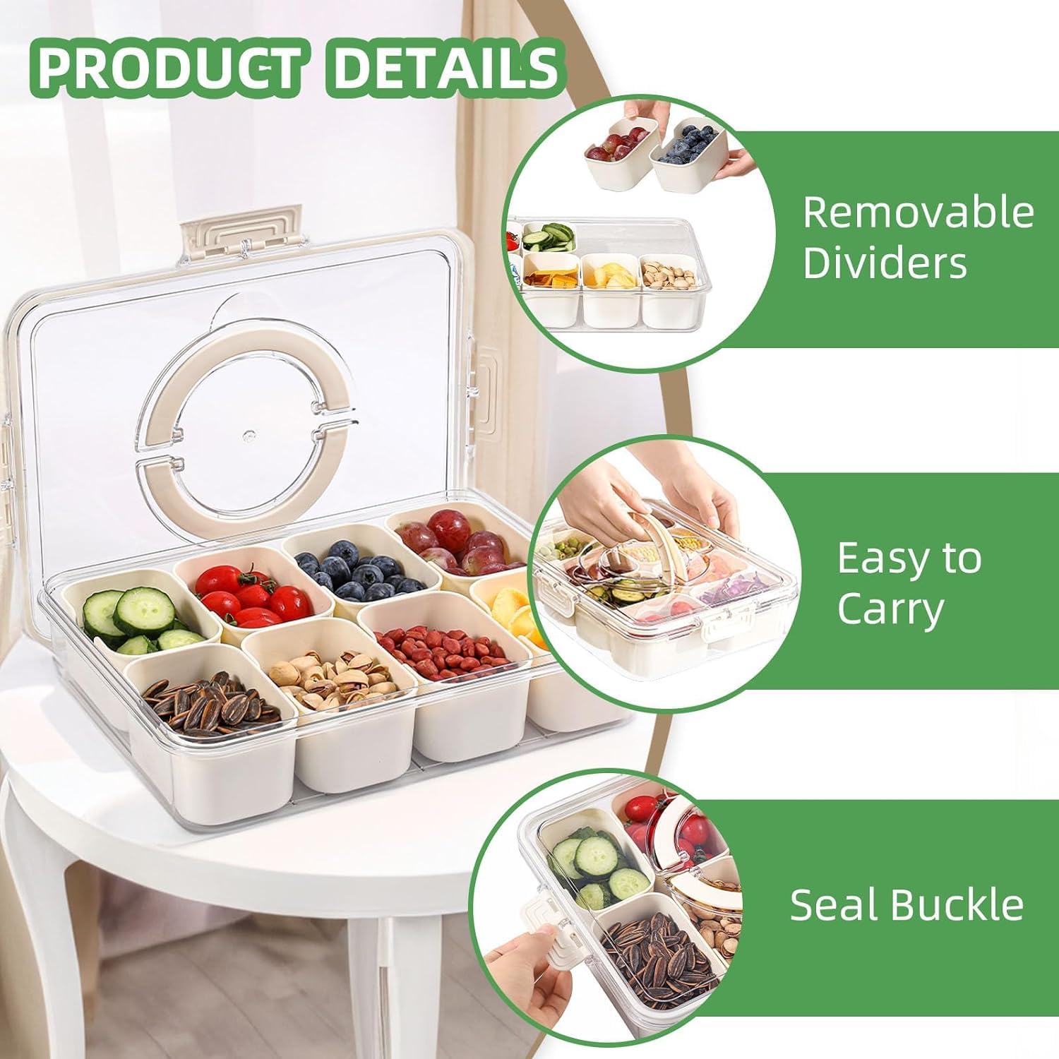Snack Box With 8 Compartments - Portable Snackle for Fruit, Veges, Candy, Nuts - Perfect Masala Dabba for Seasoning, Spice and Herb - Ideal for Party and Picnic (8 Section)