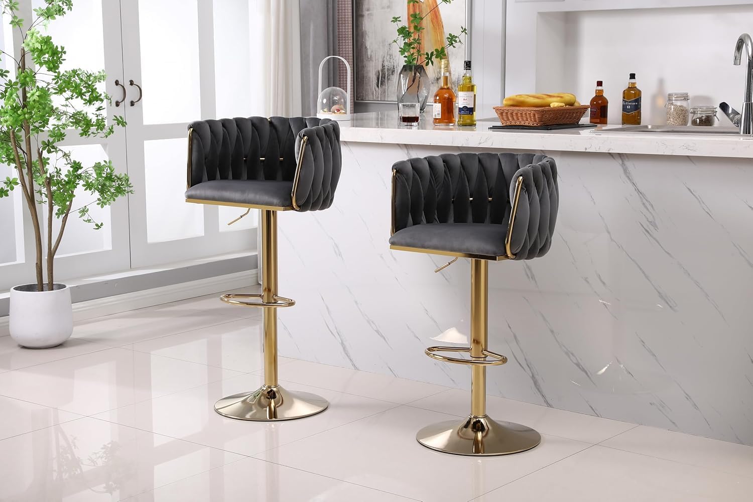 Modern 2-in-1 Bar Stool - 360° Swivel, Gold Base, Velvet, Kitchen Island Bar Chairs