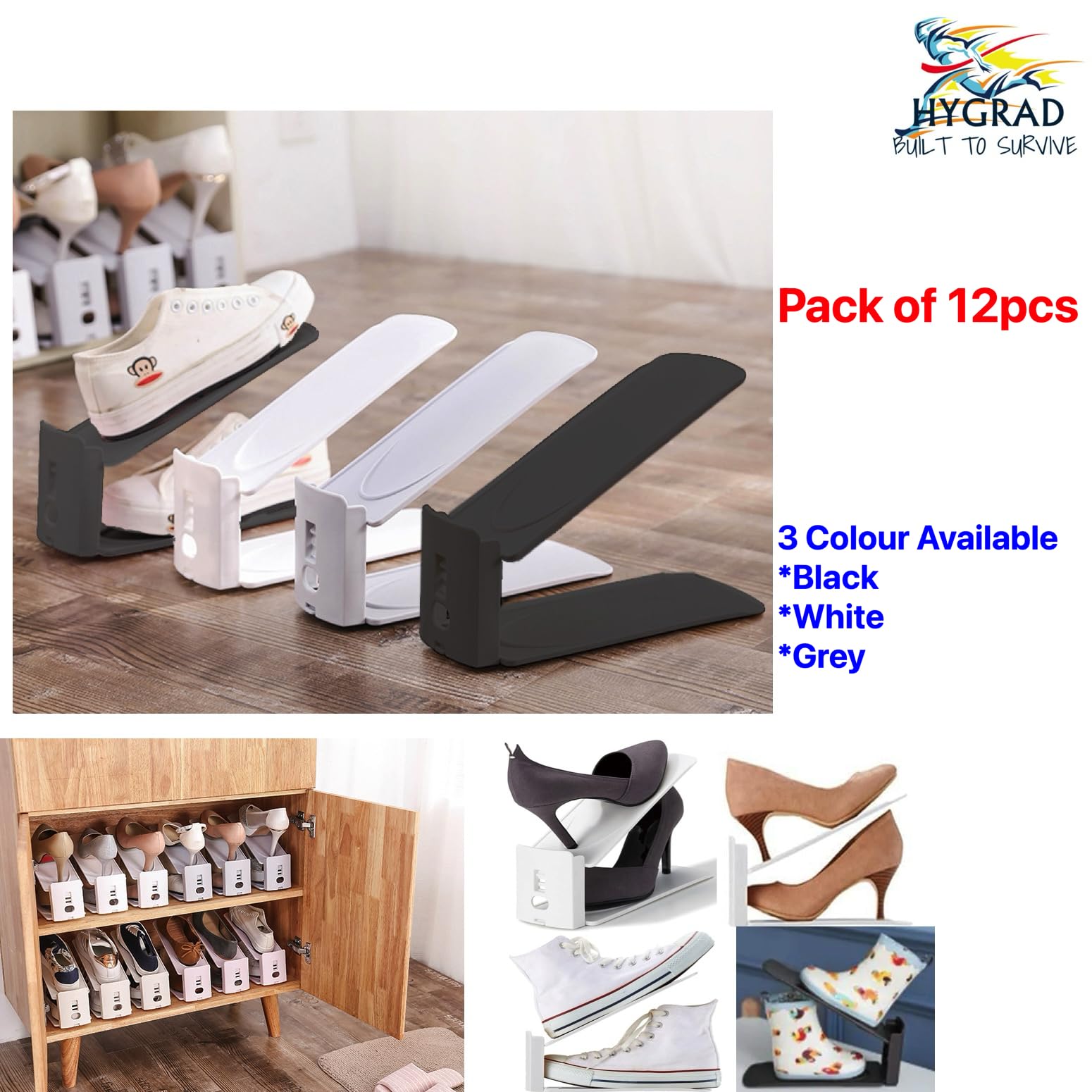 Pack of 12 Pcs Shoe Slot Organise Storage Adjustable 3-Level Height Shoe Organiser- Non-Slip Space Saver Shoe Holder- Shoe Stacker for All Shoe Styles Shoe Rack, Suitable for Women and Men