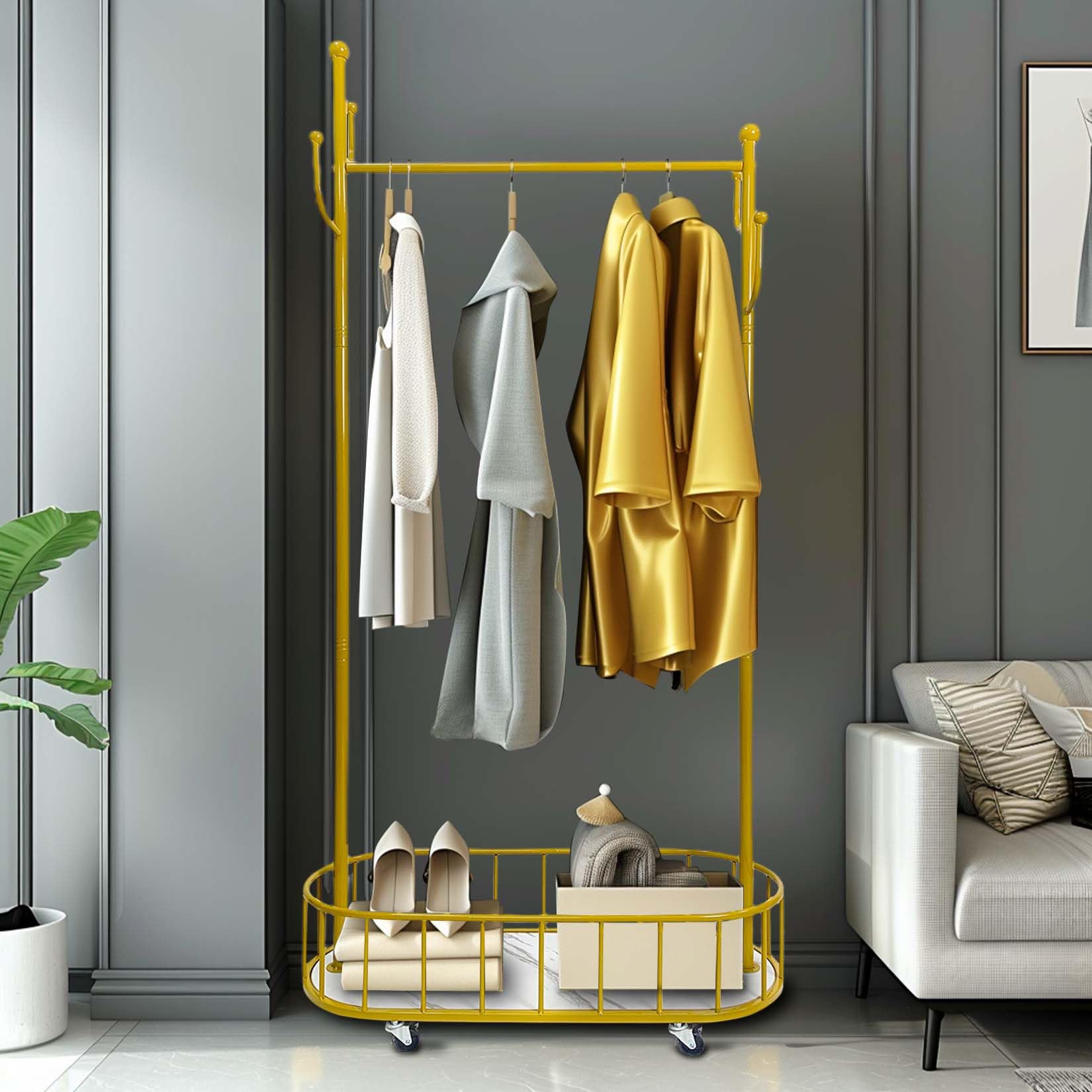 Heavy Duty Gold Metal Clothes Rail with Wheels - 80 x 32 x 171 cm Clothes Racks – Clothing Rail with Hollow Storage Shelf for Home Bedroom Balcony
