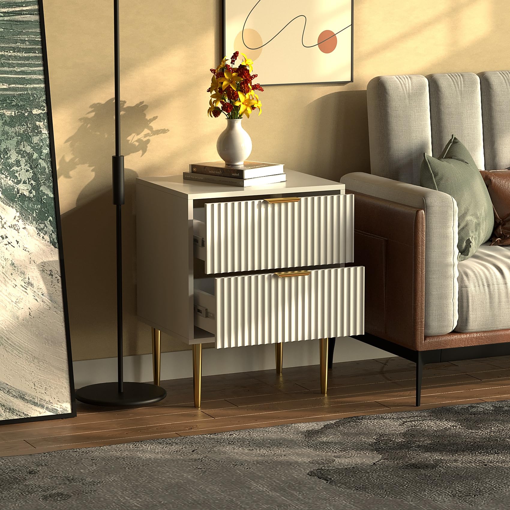 HYGRAD® Luxury Bedside Table White With 2 Drawers Bedroom Nightstand Side Table Chest Gold Handles & Gold Legs Solid Wood Bedroom Storage Side Table