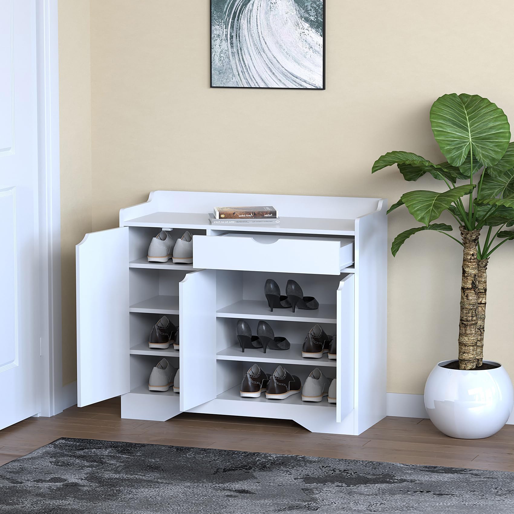 HYGRAD Wooden Hallway Shoe Storage Cabinet, Modern Styled Home Shoe Rack Display (White)