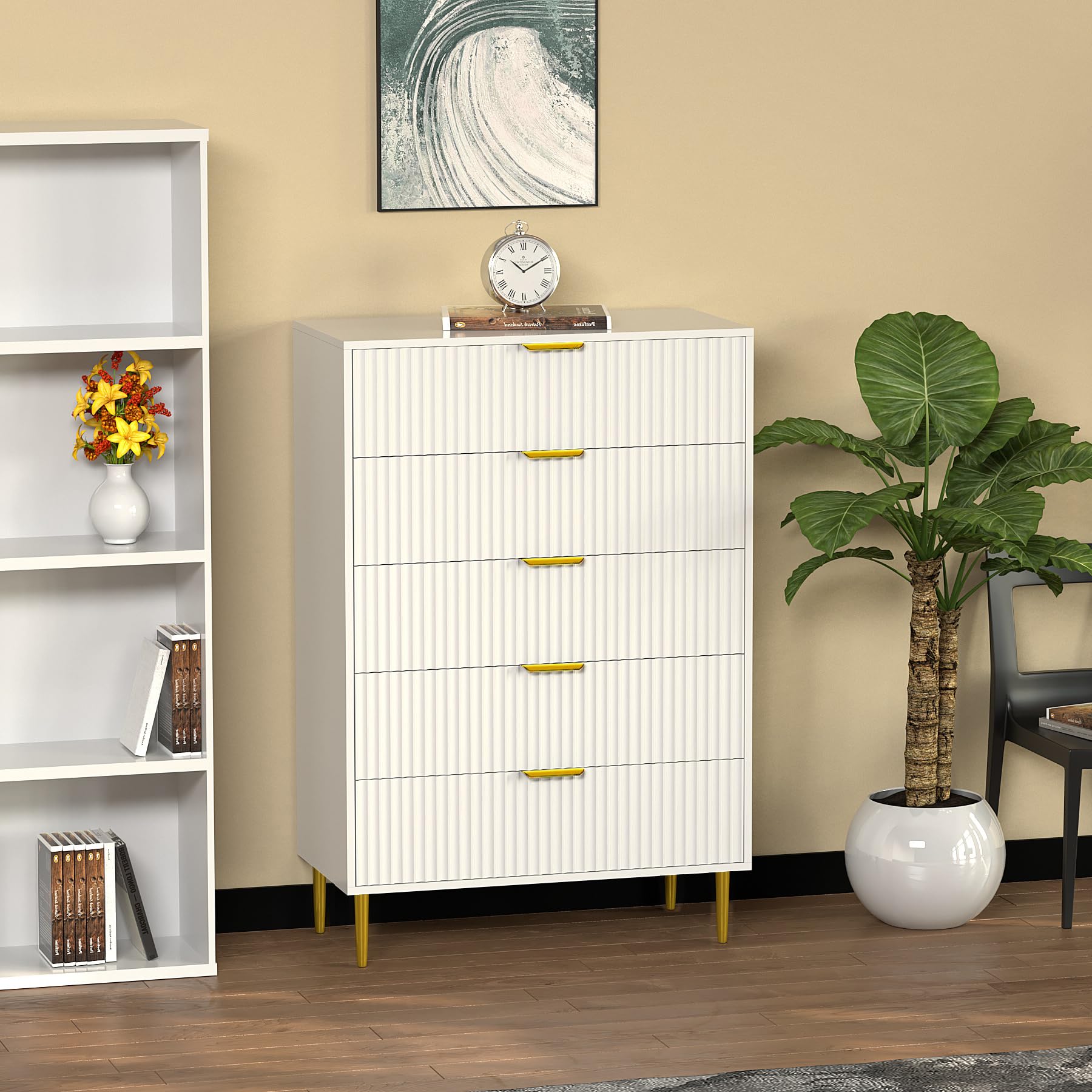 HYGRAD® Luxury Chest Of Drawers For Bedroom 5 Drawer Chest Storage Unit Gold Legs & Handles Wooden Chest Of Drawers Free Standing