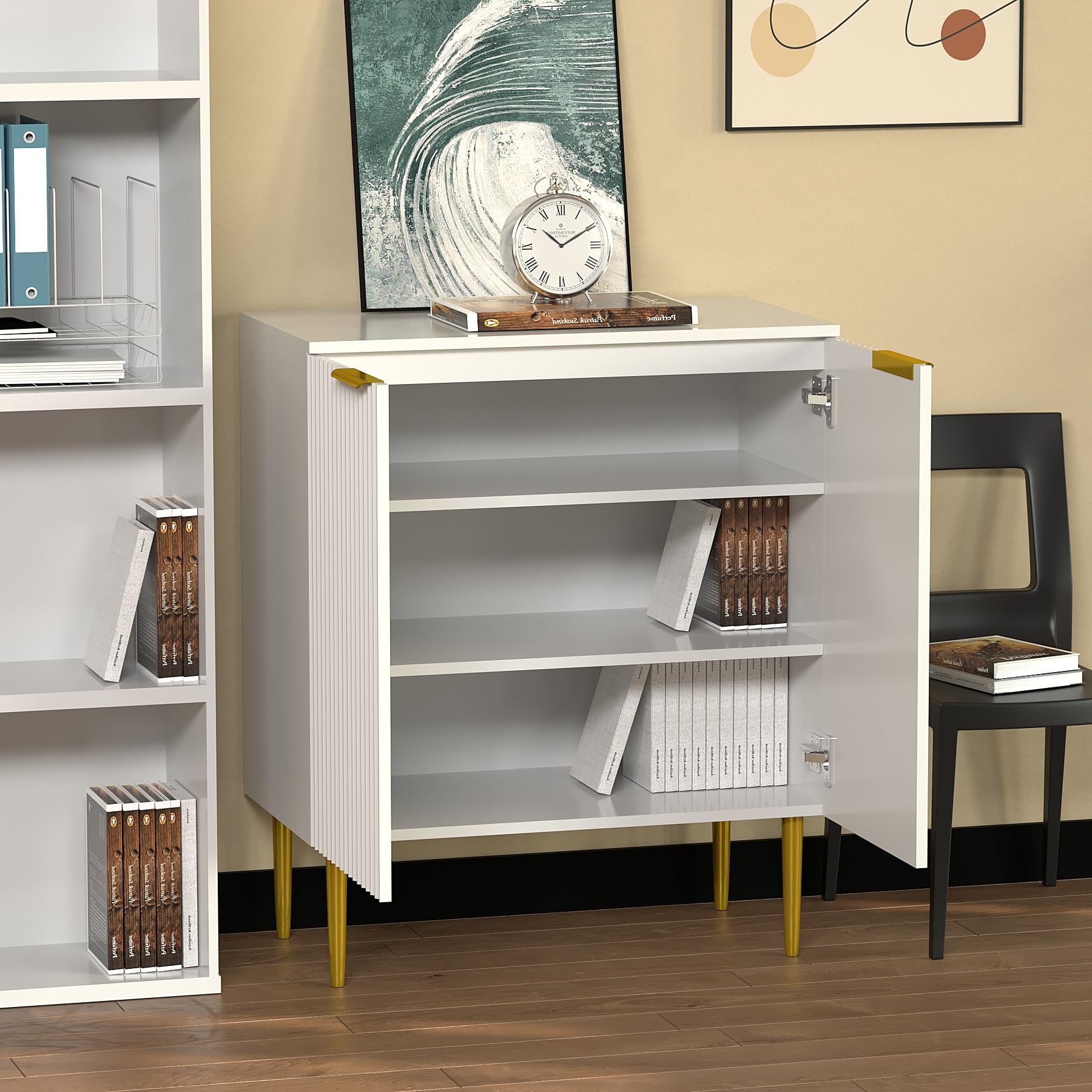 HYGRAD BUILT TO SURVIVE Modern Shoe Storage Cabinet White Wooden Hallway Display Cabinet Luxury Style 2 Door 3 Shelves Gold Legs & Handles Entry way Storage